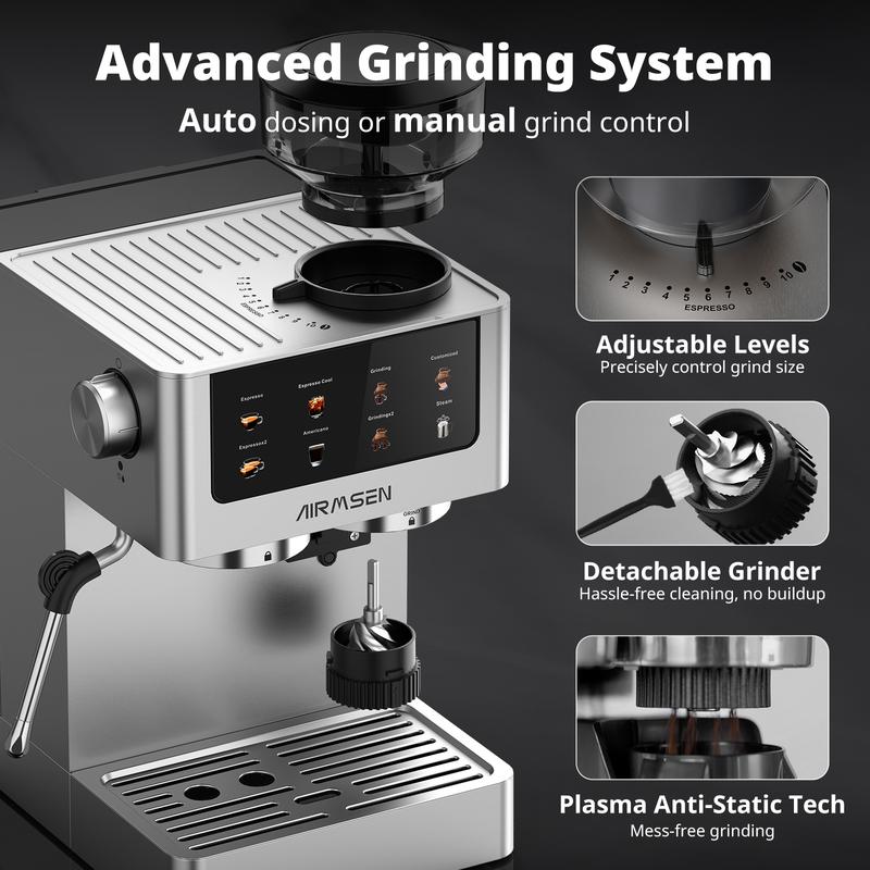 Cafetera espresso AIRMSEN con molinillo de muelas, 20 bares, acero inoxidable para uso doméstico, cafetera profesional con depósito de agua extraíble y espumador de leche BCM2316