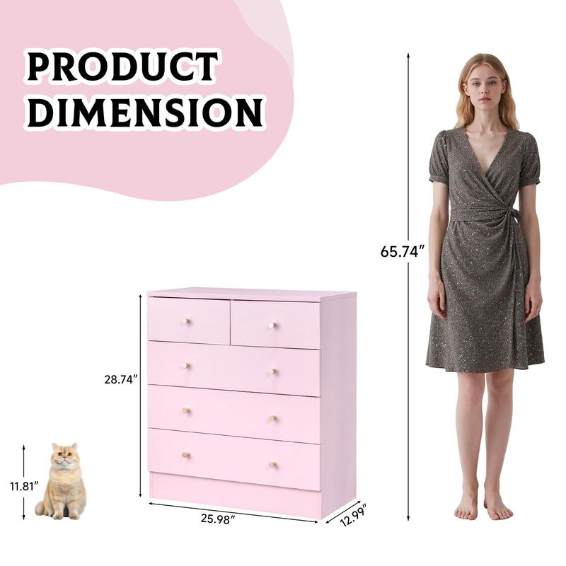 Cómoda rosa de 5 cajones para dormitorio, cómoda moderna de madera, cómodas rosas para dormitorio de niñas, dispositivo antivuelco, tirador de metal oro rosa, sala de estar, recibidor, pasillo, oficina