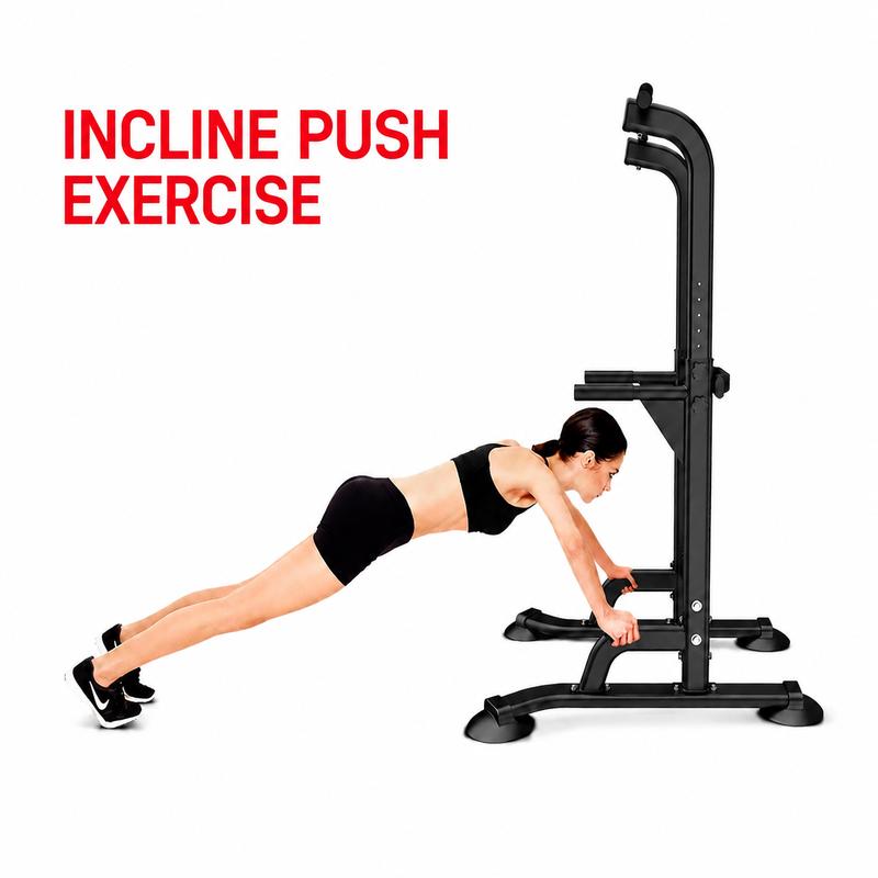 Torre de dominadas multifuncional, estación de fondos de acero resistente para entrenamiento en gimnasio en casa, altura ajustable, capacidad de peso de 150 kg (330 lbs), equipo de gimnasio en casa, acero inoxidable, 129*51*12 cm, ajustable.