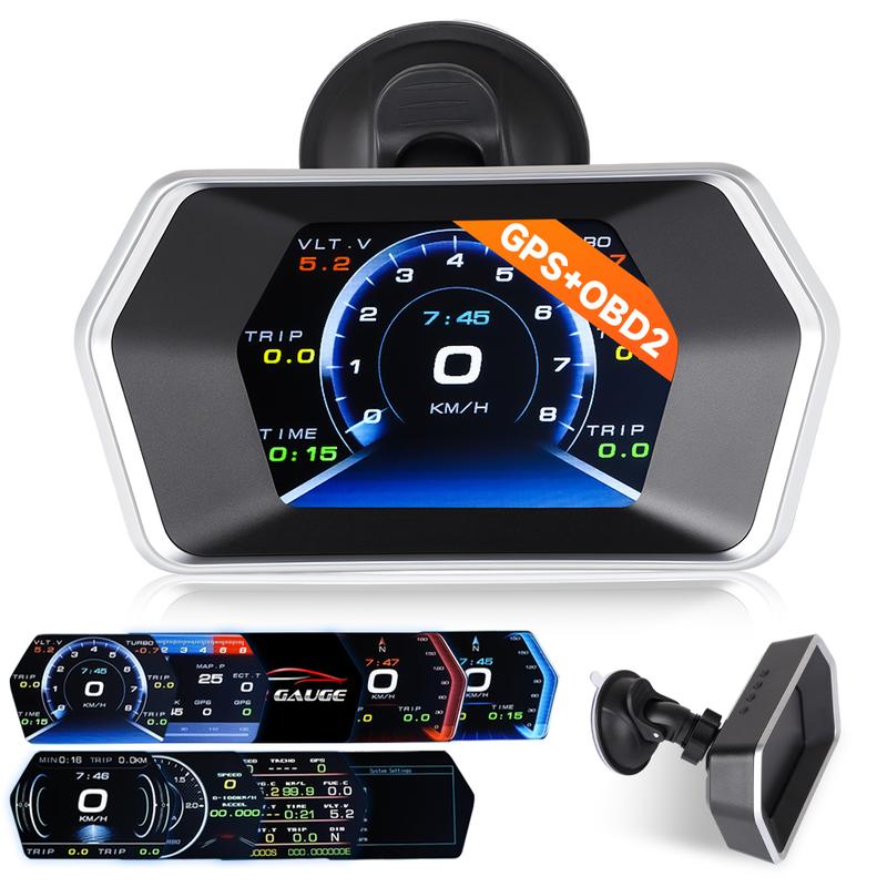 Velocímetro digital de 3 pulgadas con pantalla frontal (HUD) OBD2+GPS para vehículos compatibles con modelos equipados con OBD2 fabricados después de 2008. Admite unidades de medida en km/h y mph. Pantalla LCD multifunción OBD.