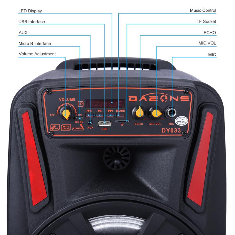 Altavoz portátil Bluetooth PA con subwoofer de 8", altavoz inalámbrico recargable con micrófono, radio FM y LED.