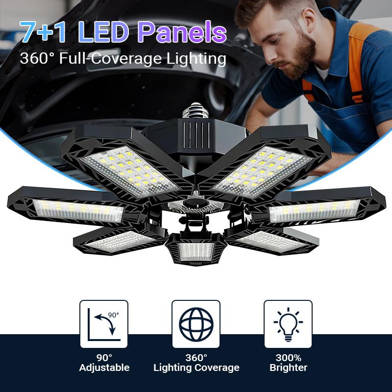Lámpara plegable para garaje, deformable, brillante, para techo de taller, granero, almacén, garaje, plegable, 7+1 paneles, luz de trabajo, fácil instalación, SummerVibes