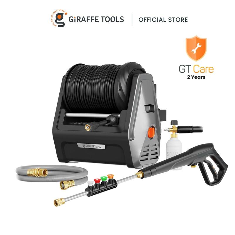 Hidrolavadora retráctil de pared Giraffe Tools Grandfalls Pro 2900 PSI 2.2 GPM para detallado, 2 veces menos ruido, manguera ultrasuave reemplazable de 30 metros (100 pies) extraíble, ecológica y reutilizable, 5 boquillas, diseño listo para usar, 2 años d