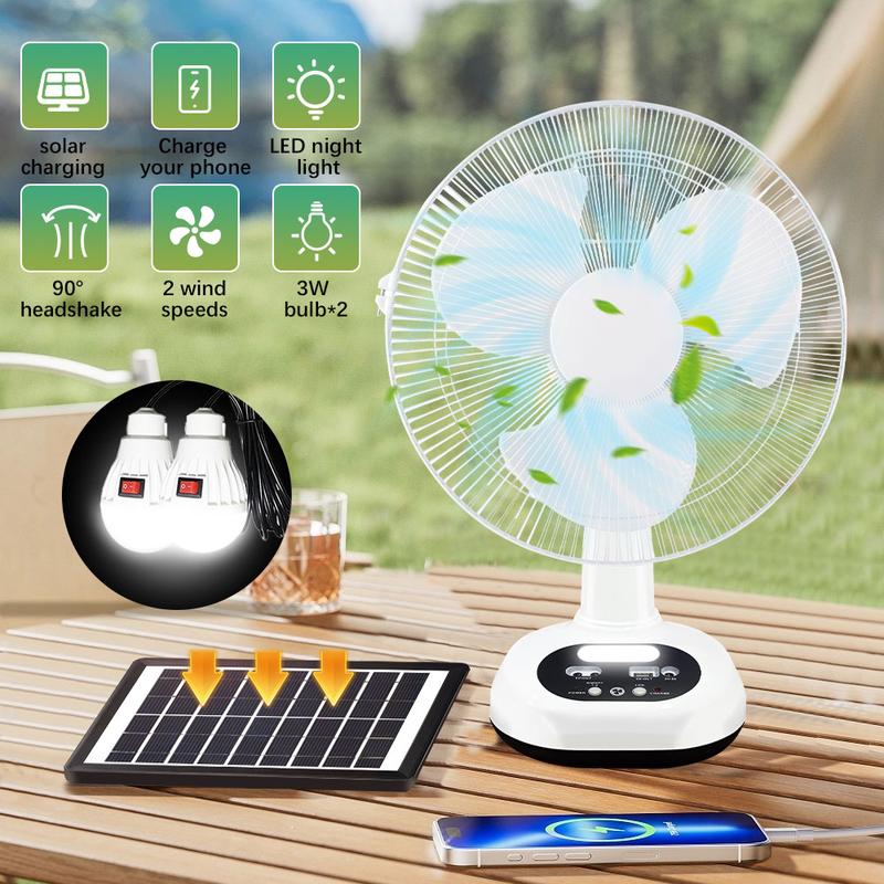 Ventilador de mesa recargable con bombillas LED y panel solar, batería de 6 V y 4500 mAh, motor de CC de 18 W, carga USB, flujo de aire de gran angular, kit de ventilador solar portátil para uso en interiores y exteriores.