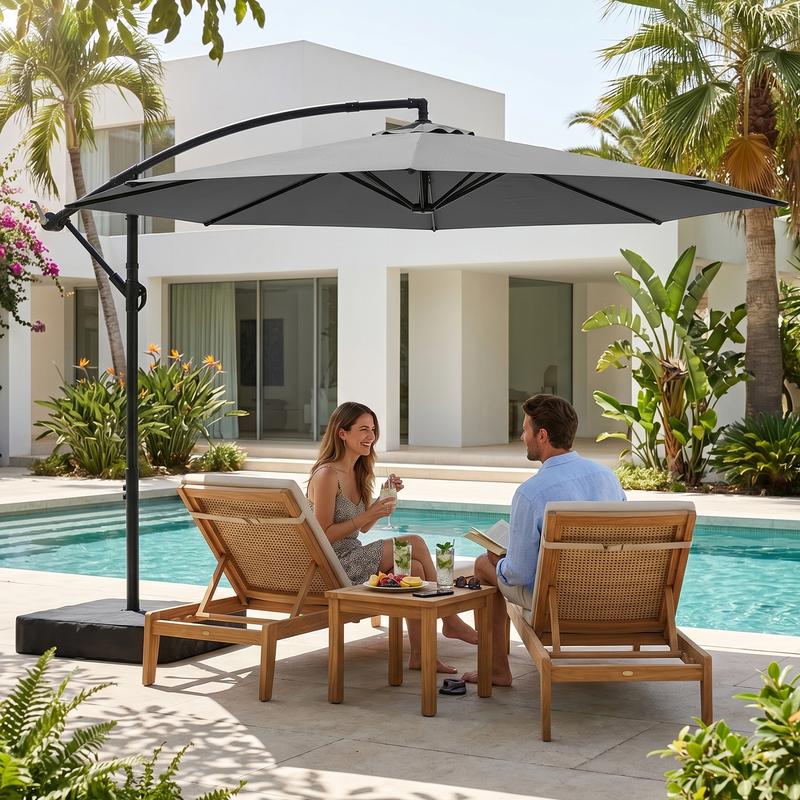 Sombrilla de patio Lilypelle Offset con base, 99% de protección UV, impermeable, para exteriores, ideal para patio, jardín o piscina, 3 metros, con inclinación de 45°, diseño voladizo, summerwins, decoración del hogar, artículos esenciales para acampar, d