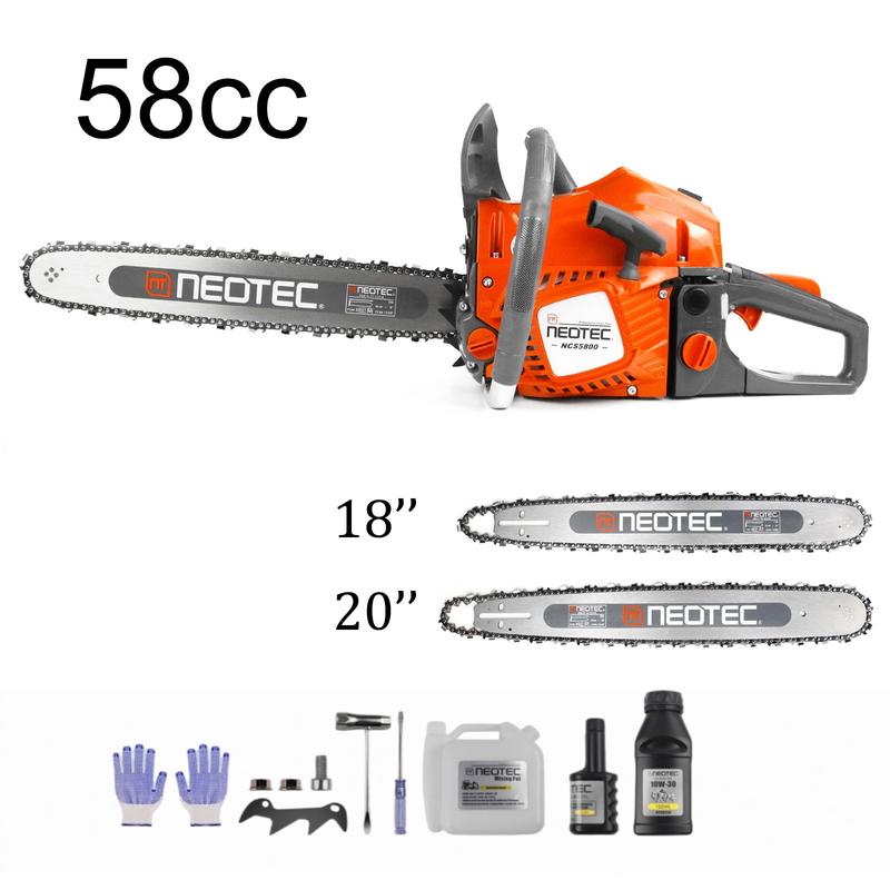 Motosierra de gasolina NEOTEC de 58 cc/62 cc/68 cc, de 2 tiempos, portátil, para tala de árboles, silvicultura y limpieza de patios tras tormentas. Incluye guantes y accesorios.