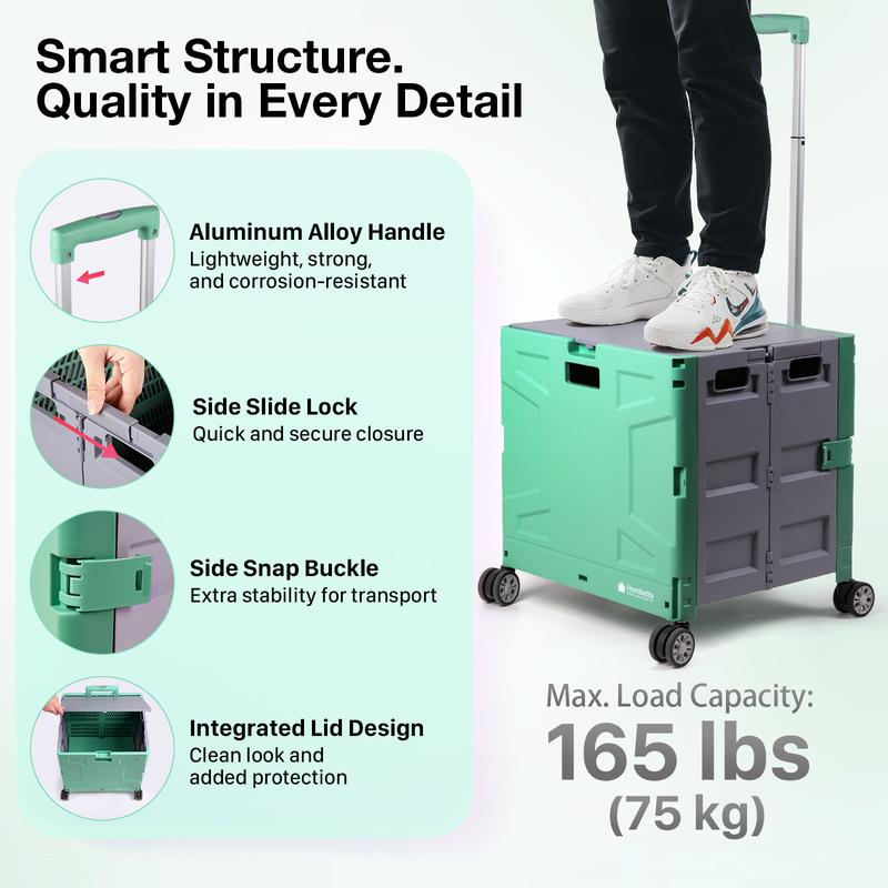 Carrito portátil Hombetta Green, carrito plegable con ruedas, tapa y ruedas, carrito de almacenamiento que ahorra espacio con capacidad para 75 kg (165 libras) para compras, equipo de camping, viajes y uso diario. Carrito plegable tipo carro.