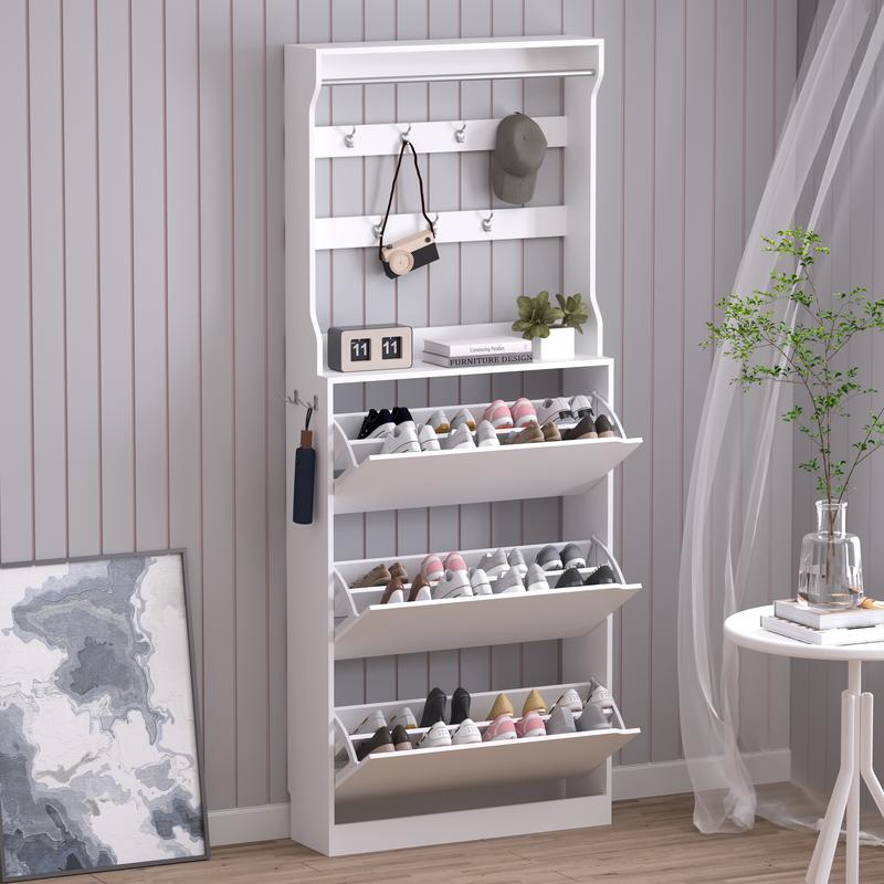 Zapatero ajustable con acabado natural y almacenamiento oculto, zapatero con 3 cajones abatibles, zapatero estrecho, organizador independiente para muebles multifuncionales de tamaño reducido