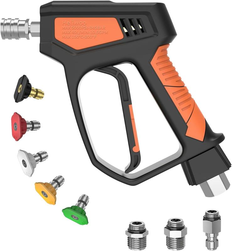 Pistola pulverizadora para hidrolavadora de alta presión Heliwoo, 5000 PSI/10.5 GPM, herramienta de hardware de alto caudal, enchufe giratorio de 3/8", conexiones M22-14mm/M22-15mm, 5 boquillas, construcción de acero inoxidable, compatible con la mayoría