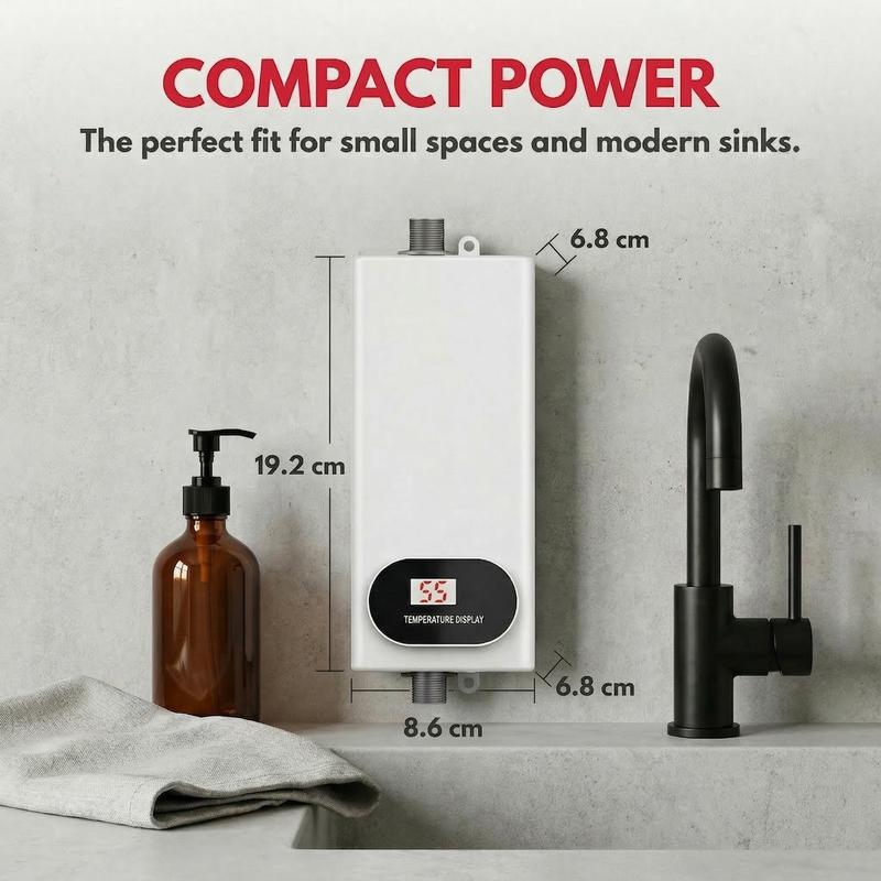 Calentador de agua eléctrico instantáneo de 3500 W con cabezal de ducha y pantalla LCD. Agua caliente instantánea. Fácil instalación para baños, cocinas y caravanas. Electrodomésticos de acero inoxidable blanco. #SummerVibes