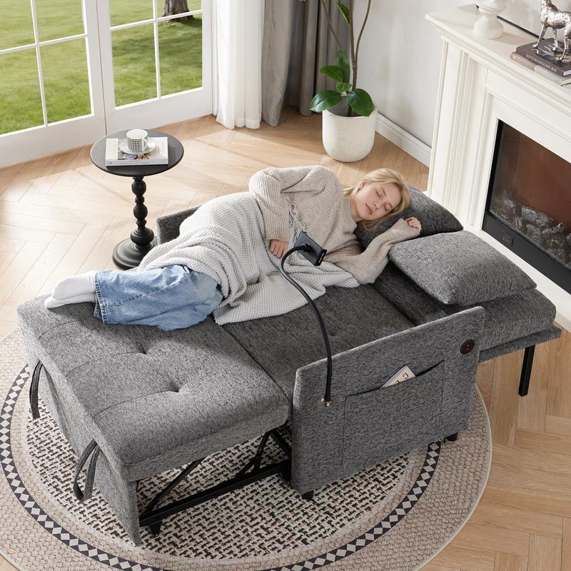 Sofá cama de dos plazas con puertos USB y tipo C, sofá cama convertible 3 en 1 con soporte para teléfono, sofá cama extraíble, sofá cama de dos plazas para sala de estar, respaldo ajustable, bolsillos laterales,
