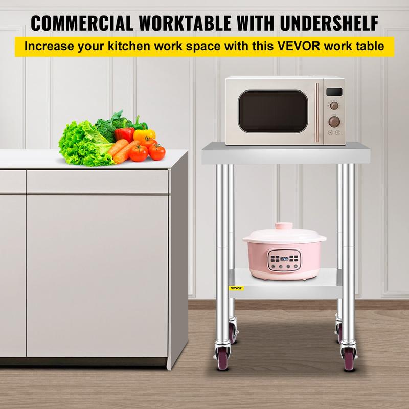 Mesa de trabajo VEVOR de acero inoxidable, varias especificaciones, con 4 ruedas, mesa de trabajo comercial de alta resistencia para preparación de alimentos con freno para trabajos de preparación de cocina, mesa de trabajo de acero inoxidable