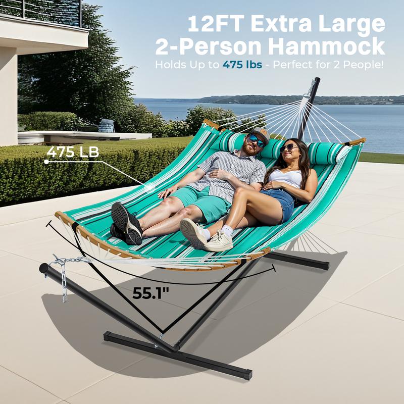 Hamaca doble portátil SUPERJARE de tela ajustable a rayas con soporte, hamaca acolchada de algodón y poliéster de alta resistencia de hasta 204 kg (450 lbs), almohada desmontable, barra curva resistente, bolsa de transporte portátil, ideal para decoración
