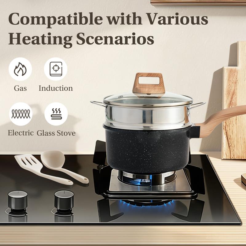 Juego de 25 piezas de utensilios de cocina resistentes, antiadherentes, de cerámica y granito, ollas y sartenes de aluminio ligero con tapas de vidrio, asas que se mantienen frías, apto para inducción para una cocina saludable.