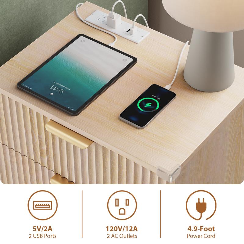 Mesitas de noche Aowos con paneles acanalados para dormitorio, mesita de noche moderna con 3 cajones y estación de carga, mesas auxiliares con paneles acanalados para dormitorio y sala de estar, mesita de noche con puertos USB, mesita de noche con almacen