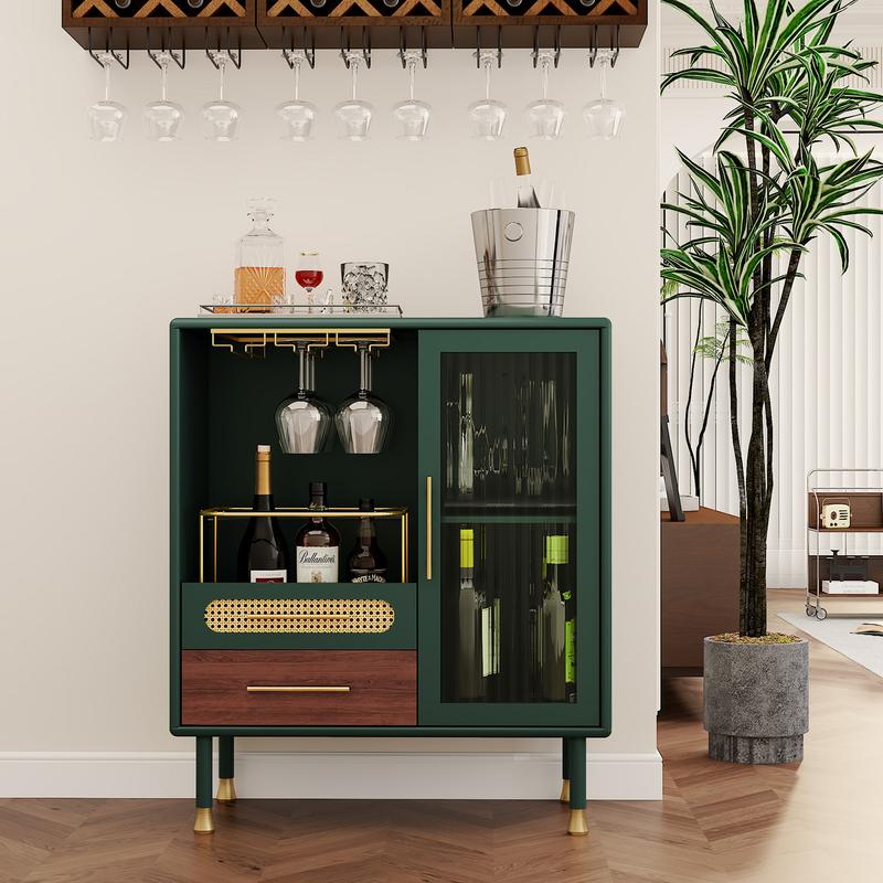 Mueble bar HLR verde esmeralda con detalles dorados, detalles de ratán, almacenamiento de doble zona de 94 cm y cajón extraíble: muebles de estilo clásico para apartamentos, muebles para estudios, ideal para quienes disfrutan del entretenimiento en casa,