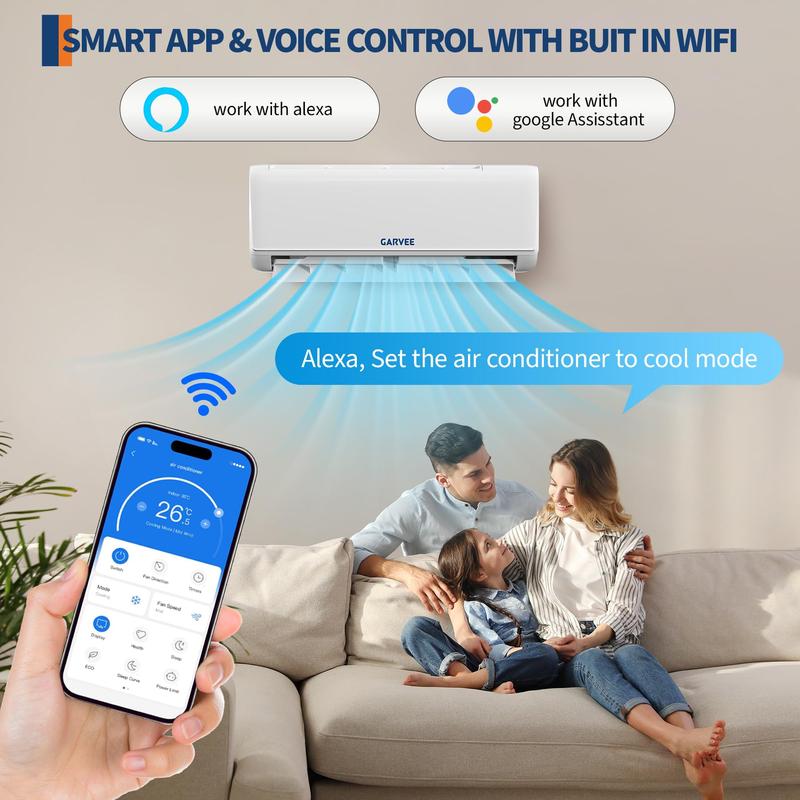 Sistema de aire acondicionado y calefacción central mini split Garvee de alta eficiencia de 18000 BTU - 19 SEER2 - 230 V - Compatible con WiFi y Alexa - Sistema de refrigeración y calefacción - Bomba de calor