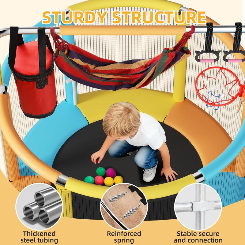 Cama elástica de 55" para niños, hasta 200 kg (440 lbs), mini cama elástica con base redonda antivuelco, cama elástica para niños pequeños para interiores y exteriores con red de seguridad, barras de gimnasia ajustables y aro de baloncesto.