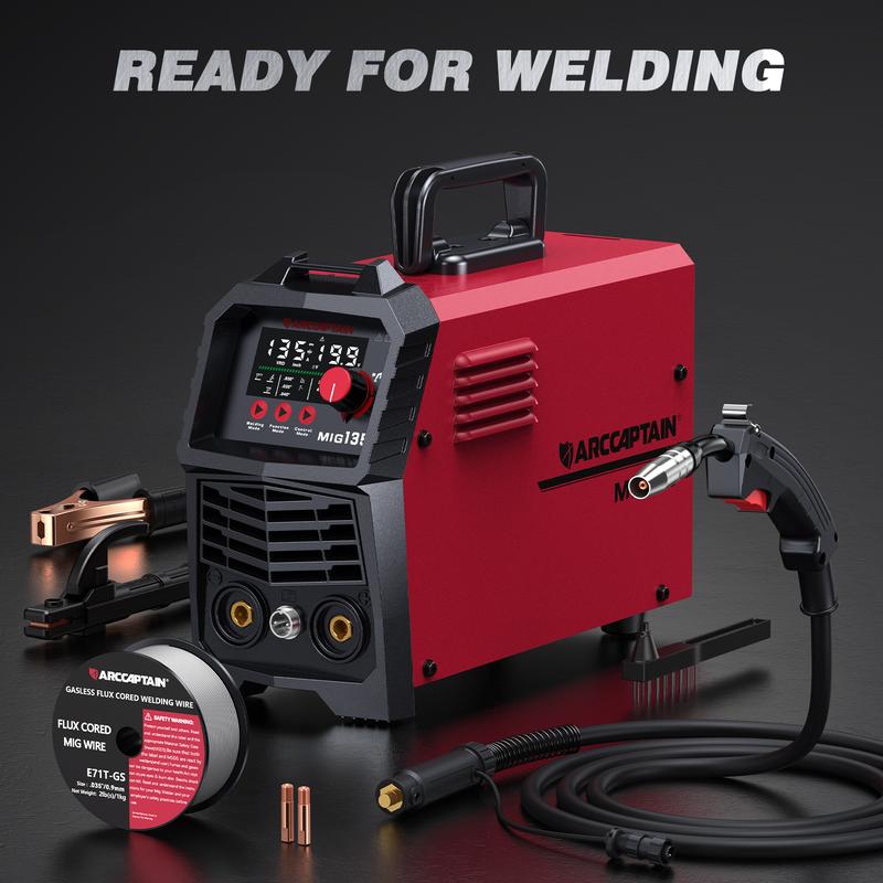 Soldadora MIG ARCCAPTAIN 135A, modelo 2025 [Pantalla LED grande], 110V, MIG con núcleo fundente, TIG con elevación, electrodo revestido, máquina de soldar 3 en 1, soldadora MIG sin gas de 110V, soldadora inversora IGBT con Synergy, 2T/4T