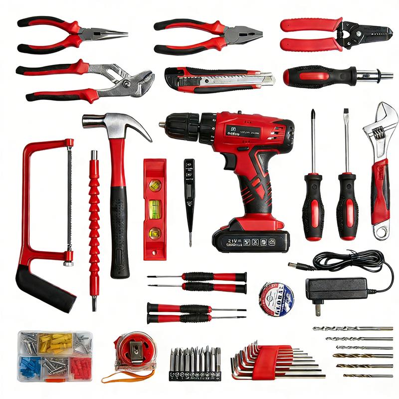 Juego de herramientas de 128 piezas con taladro eléctrico, taladro percutor inalámbrico, kit de herramientas de 110 piezas, juego de herramientas eléctricas domésticas con batería de iones de litio de 21 V y cargador para el hogar.