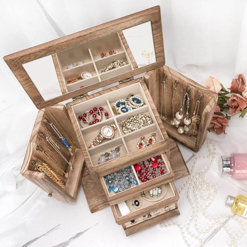 Caja de joyería Emfogo para mujer, cajas y organizadores de joyería de madera rústica con espejo, caja organizadora de joyería de 4 niveles para anillos, pendientes, collares y pulseras.
