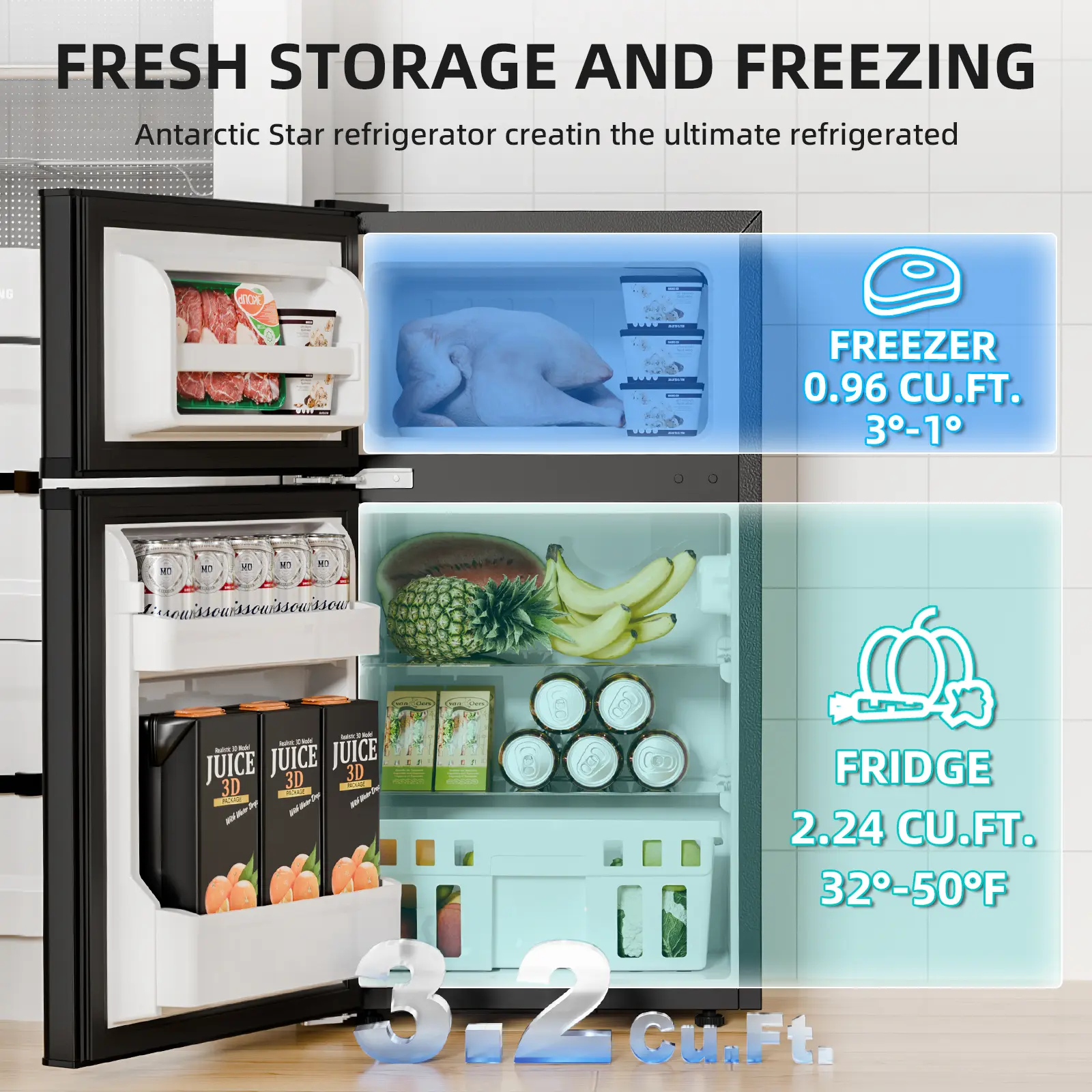 Minirefrigerador de 3,2 pies cúbicos con congelador; refrigerador compacto de doble puerta con estantes ajustables y extraíbles.