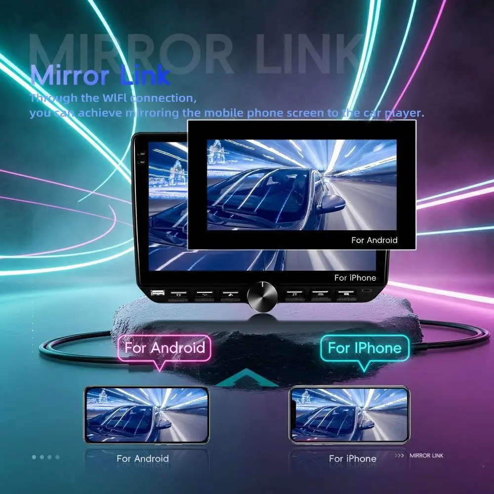 Autoestéreo y reproductor MP5 de 10.1" con Android 15, 4 GB + 64 GB, CarPlay y Android Auto inalámbricos, FM/RDS, 6 salidas RCA.