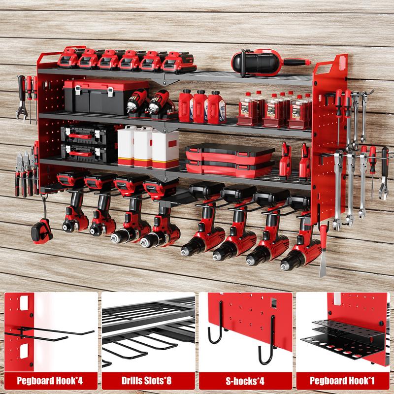 Organizador de herramientas eléctricas de montaje en pared, organizador de taladros inalámbricos, estante de herramientas de gran capacidad de 4 niveles con 8 soportes para taladros, resistente.