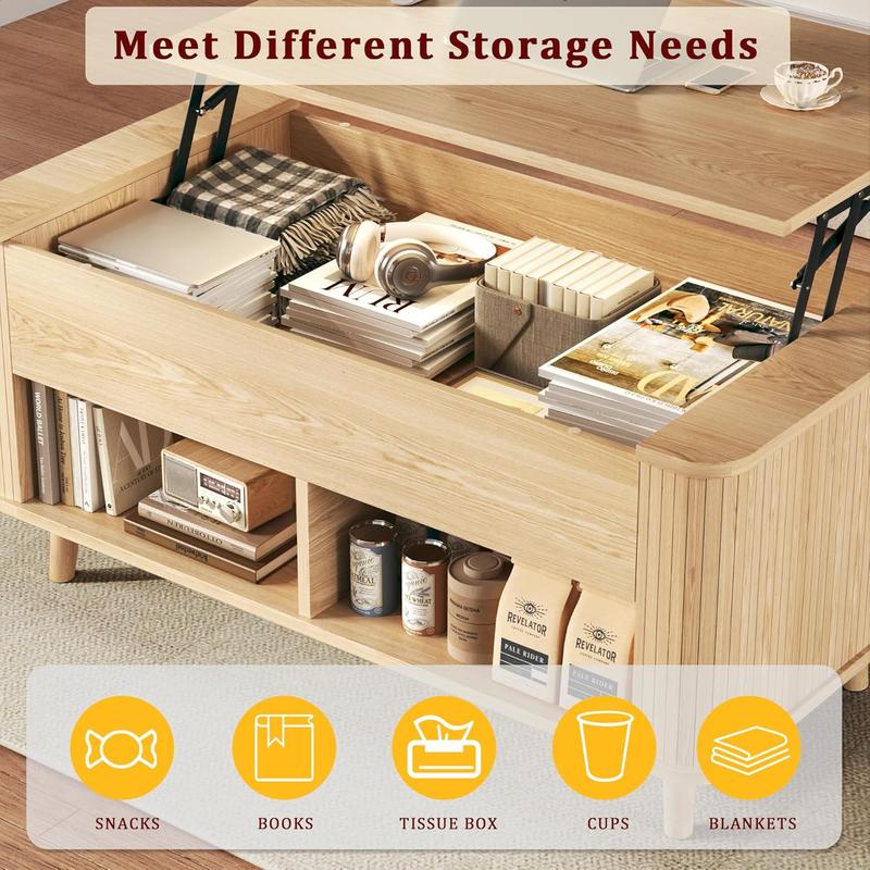 Mesa de centro elevable con almacenamiento, mesa de centro moderna de mediados de siglo de 104 cm con diseño de perfil estriado y curvo, compartimento de almacenamiento oculto, mesa de centro con estante inferior para sala de estar u oficina, roble.