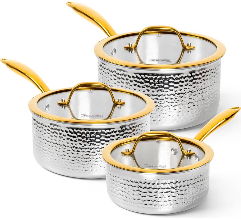 Juego de utensilios de cocina Michelangelo de 10 piezas de acero inoxidable triple, ollas y sartenes martilladas 18/10, elegantes cacerolas con asas doradas, tapas, apto para inducción, fácil de limpiar.