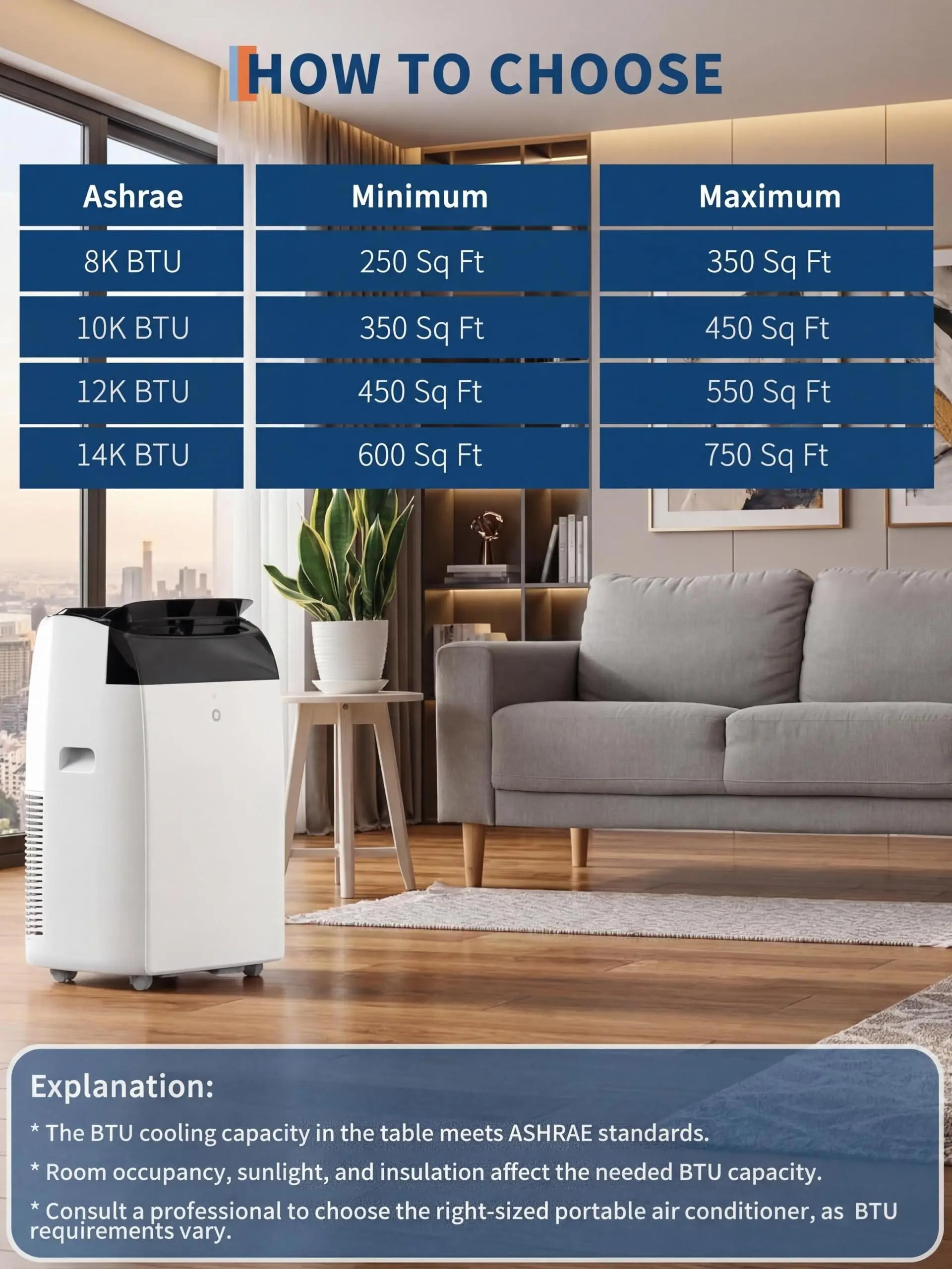 Aire acondicionado portátil de 14 000 BTU con control remoto y temporizador