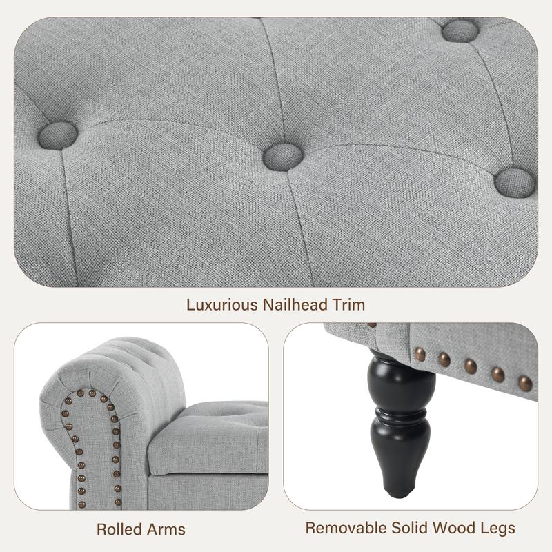 Banco otomano con almacenamiento para cama Queen/King, banco tapizado para el pie de la cama con brazos enrollados para dormitorio, sala de estar, recibidor, taburete acolchado suave, reposapiés