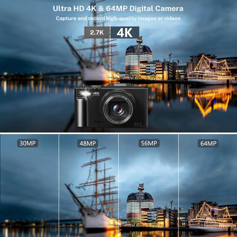 Cámara digital 4K para fotografía con 64 MP, pantalla abatible de 3 pulgadas y 180°, zoom digital de 18x, tarjeta Micro SD de 32 GB, 2 baterías, ideal para regalar.