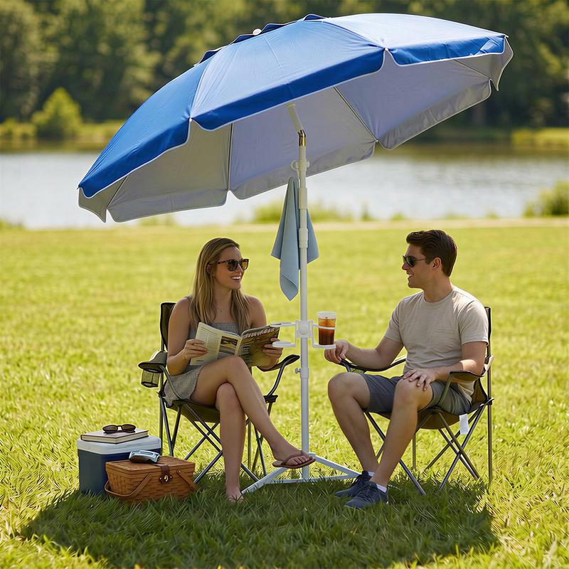 Sombrilla portátil con base, sombrilla de exterior con protección solar UPF 50+ con bolsa de transporte, gancho y portavasos integrados, protección solar instantánea ajustable para juegos, deportes, jardín, patio, camping, playa, pesca, azul real, #Summer