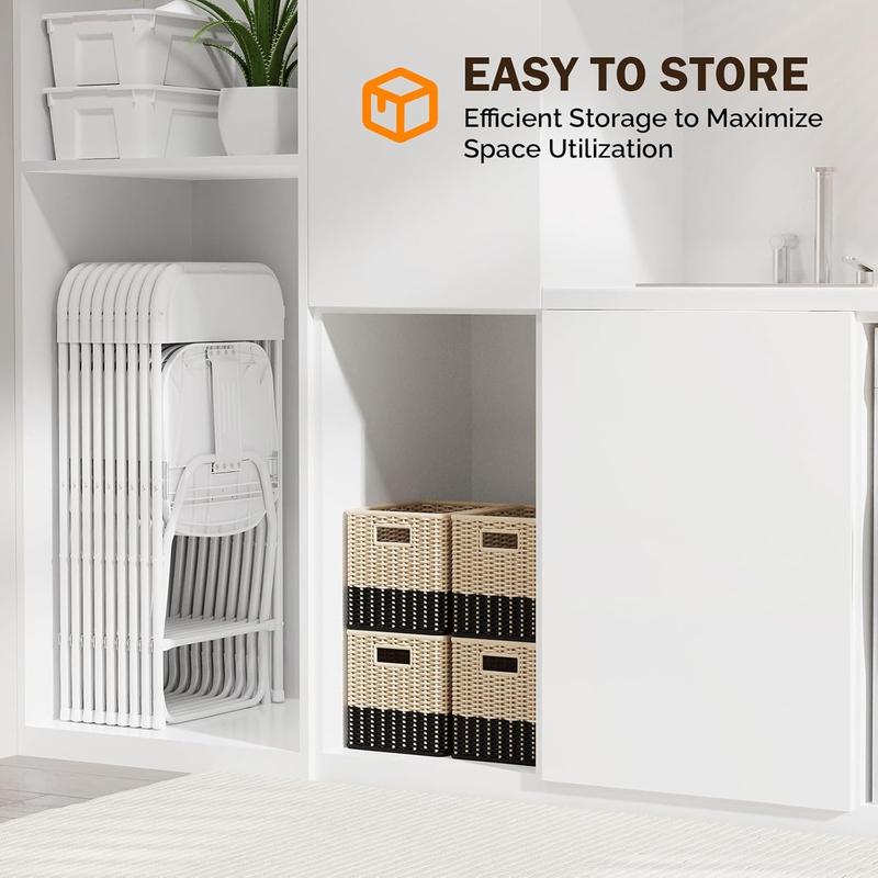 Sillas plegables de plástico VINGLI - Juegos de 4/6/10 piezas, asientos resistentes de color blanco con estructura metálica estable, diseño limpio, muebles de interior que ahorran espacio, fácil plegado, montaje rápido, patas de goma que protegen los suel