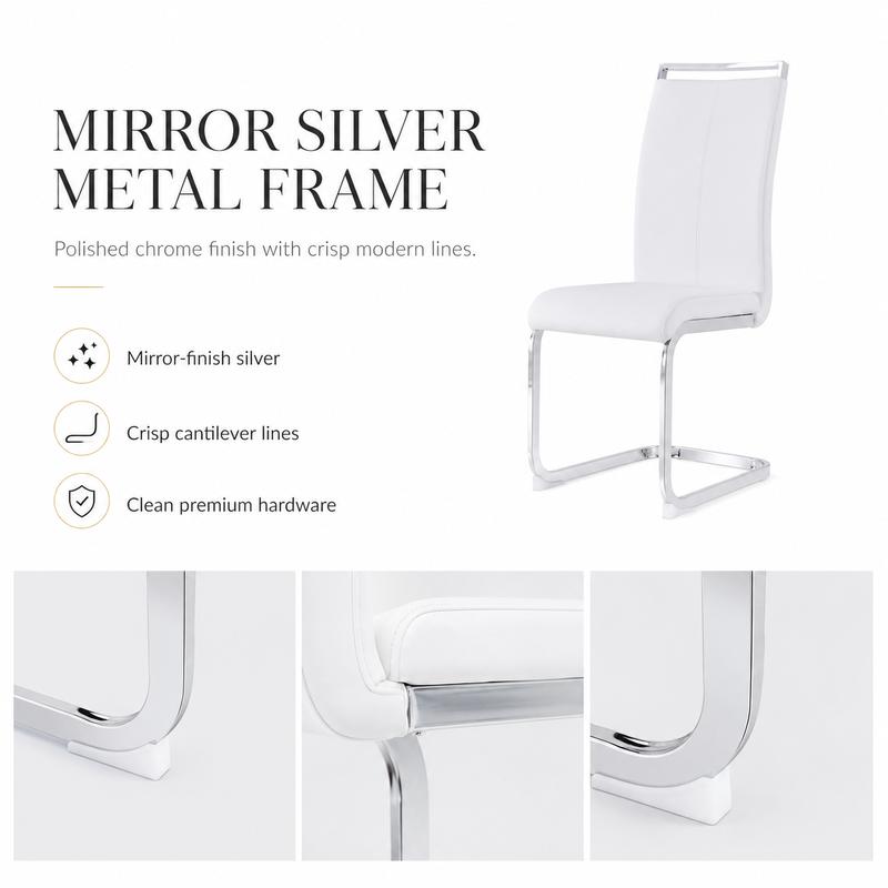 Sillas de comedor modernas, silla lateral tapizada de respaldo alto en piel sintética PU con patas de metal cromado en forma de C para comedor, cocina, tocador, patio, club, silla de oficina para invitados (juego de 4) (blanco + piel sintética PU) Sillón