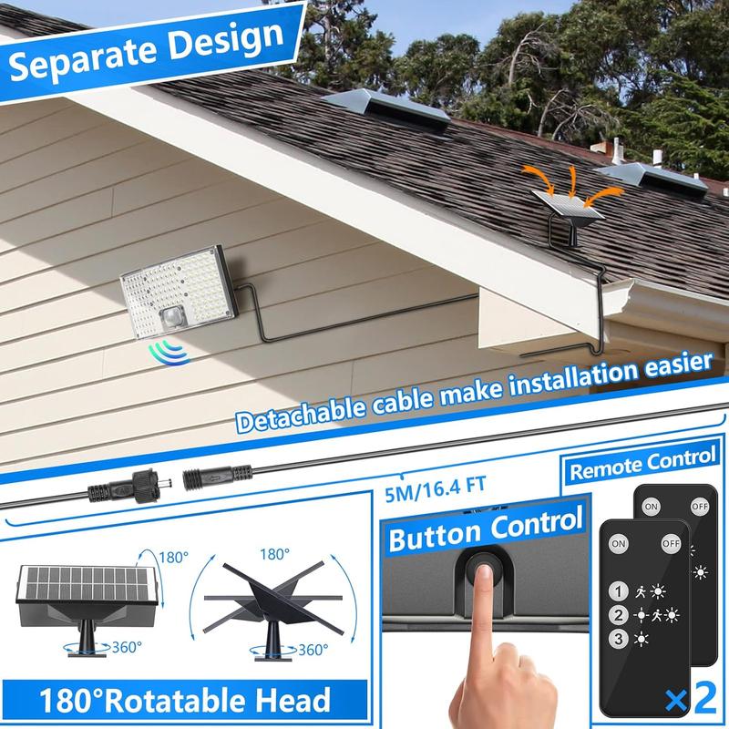MATULSA 4/2 Luces solares con sensor de movimiento, focos LED solares con control remoto, luces de seguridad de 4000 lúmenes con sensor crepuscular, panel separado, 3 modos/IP65/cable de 5 metros, iluminación exterior para patio y garaje #SummerVibes,camp