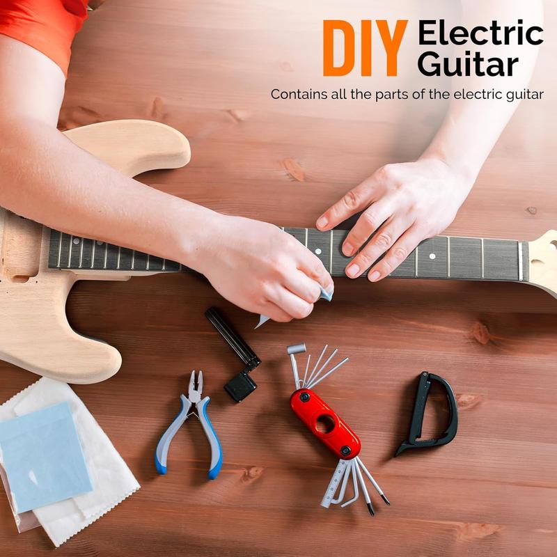 Kit de guitarra eléctrica Glarry DIY con púas - 6 cuerdas, cuerpo de madera de caoba, mástil de arce, ideal para principiantes, todos los componentes incluidos (IVA incluido), cuerdas de guitarra tiktokshopbacktoschool