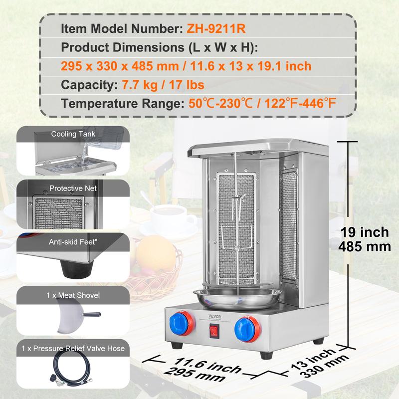 【Summervibes】Máquina para asar shawarma, capacidad de 13 libras, máquina para cocinar shawarma de pollo con 2 quemadores, asador vertical de gas, horno giratorio para gyros, máquina para doner kebab, para fiestas en la cocina del hogar o restaurante