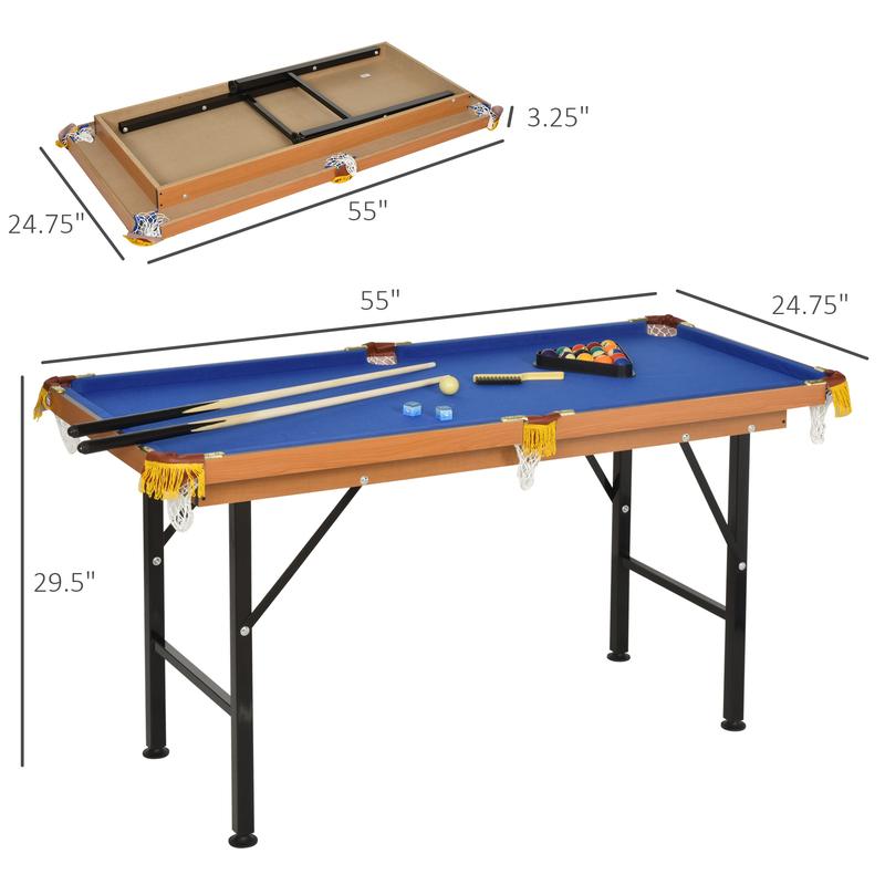 Mesa de billar plegable portátil Soozier de 140 cm (55 pulgadas), tablero de MDF y estructura de pino con superficie de vellón de poliéster, accesorios de ABS y plástico incluidos, para niños y adultos, compacta, incluye tacos y accesorios, patas ajustabl