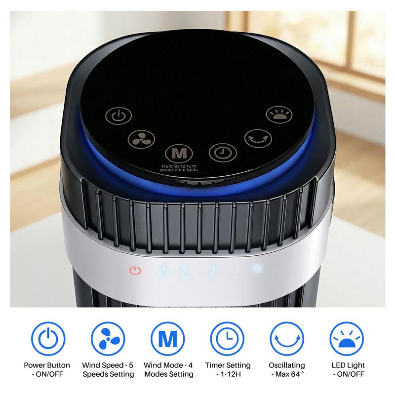 【Nuevo】Ventilador de torre para dormitorio, silencioso, de 28 dB, con temporizador de 12 horas, modo automático inteligente, oscilante de 64°, sin aspas, para el hogar y la oficina.