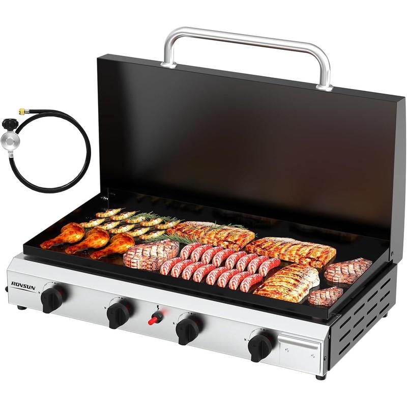 Plancha portátil de propano ROVSUN de 2/4 quemadores con bandeja y tapa esmaltadas, parrilla de gas de mesa plana de 20000/40000 BTU con encendido electrónico y regulador para cocinar al aire libre, acampar, barbacoas y eventos al aire libre.