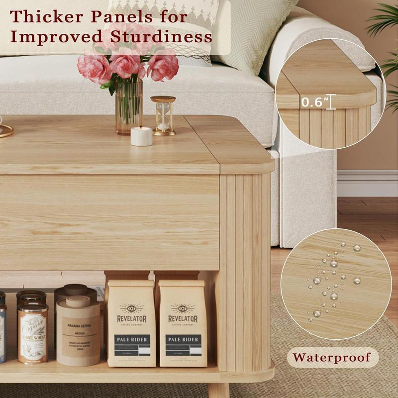 Mesa de centro elevable con almacenamiento, mesa de centro moderna de mediados de siglo de 104 cm con diseño de perfil estriado y curvo, compartimento de almacenamiento oculto, mesa de centro con estante inferior para sala de estar u oficina, roble.