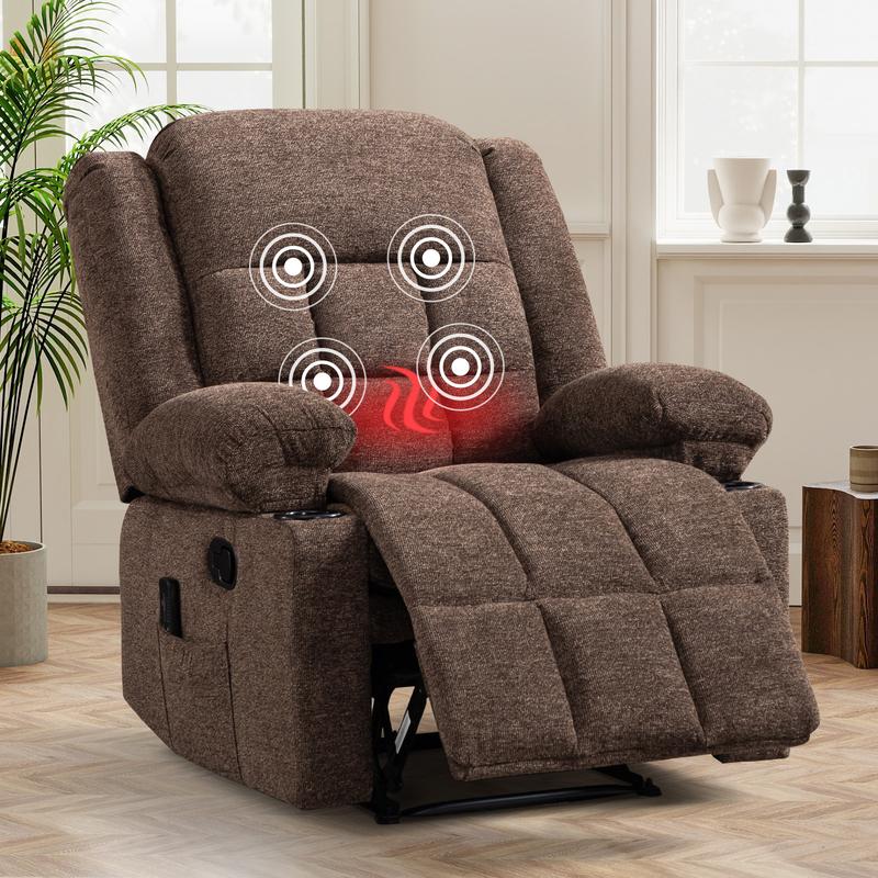 Sillón reclinable manual EBELLO con masaje y calor, sillón reclinable de tela con portavasos y bolsillos de almacenamiento, cómodo y transpirable para la sala de estar.