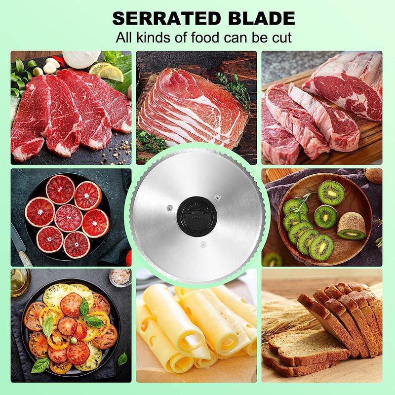 Cortadora de carne eléctrica para el hogar, cortadora de alimentos con cuchillas extraíbles de acero inoxidable de 17 cm (6,7 pulgadas), grosor ajustable de 0 a 15 mm, fácil de limpiar, 150 W, ideal para embutidos, queso, pan y frutas.