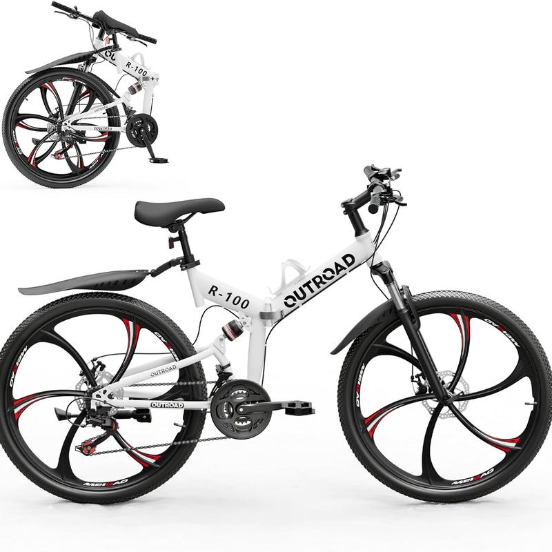 Bicicleta de montaña plegable unisex Outroad de 26 pulgadas - 21 velocidades, cuadro plegable compacto de acero de alto carbono, suspensión completa, frenos de disco dobles, bicicleta de ciclismo para adultos, negro/naranja/verde