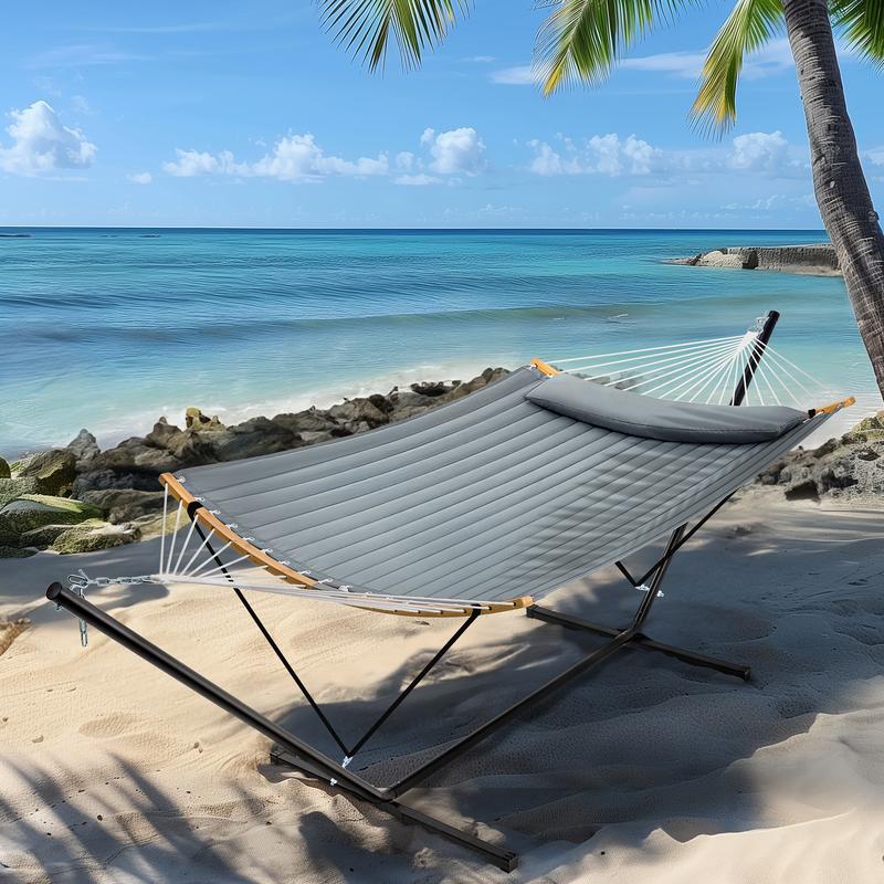 Hamaca doble portátil SUPERJARE de tela ajustable a rayas con soporte, hamaca acolchada de algodón y poliéster de alta resistencia de hasta 204 kg (450 lbs), almohada desmontable, barra curva resistente, bolsa de transporte portátil, ideal para decoración