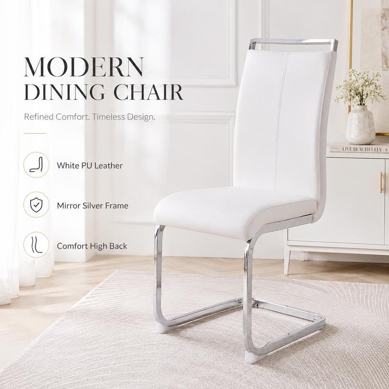 Sillas de comedor modernas, silla lateral tapizada de respaldo alto en piel sintética PU con patas de metal cromado en forma de C para comedor, cocina, tocador, patio, club, silla de oficina para invitados (juego de 4) (blanco + piel sintética PU) Sillón