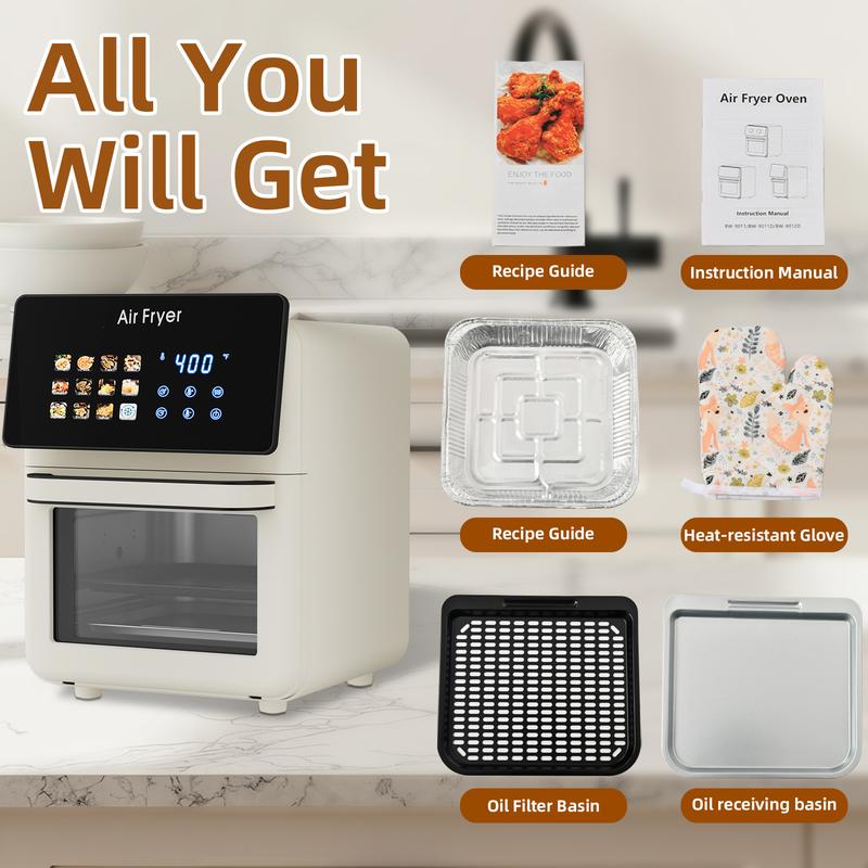 Horno freidora de aire XL Pro de 10 litros con función de parrilla integrada para encimera de cocina, horno de convección inteligente 12 en 1, freidora de aire con ventana de cristal, cesta antiadherente, revestimientos para freír, puerta extraíble - Blan