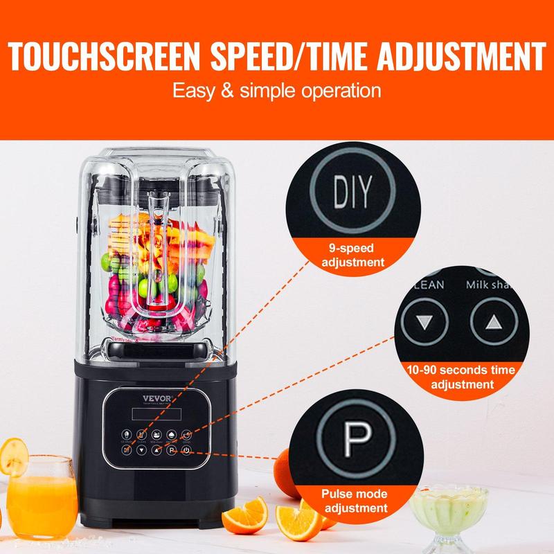 Licuadora profesional VEVOR con pantalla táctil y protector, máquina de jugo multifuncional comercial de mostrador, combo de 68 oz con acero inoxidable, 9 velocidades y juego de cuchillas silenciosas de 5 funciones, para batidos, smoothies, triturar hielo